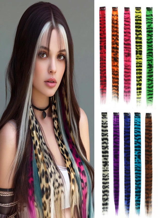 EXTACIO 10pcs/pack Scene Hair Extensions Synthetic Clip in Leopard print Hair piece 18inch Long Straight Colorful striped Hairpieces Halloween Party Cosplay Y2K Use for Women - Image 1